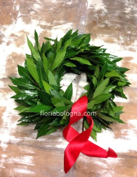coroncina alloro con nastro di raso